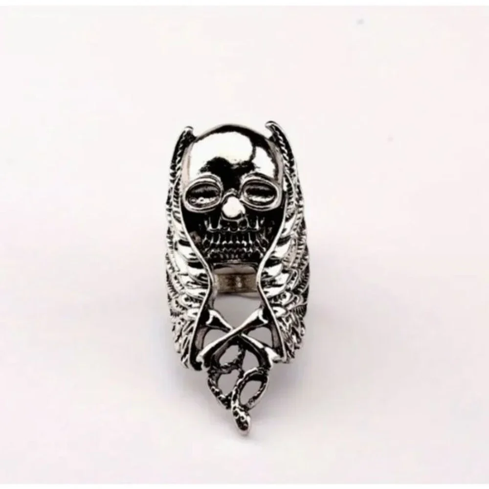 MENS Ring Antique Silver tone Skull Wings Snake Size 11 Rings